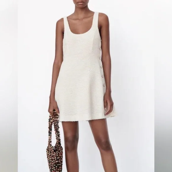 Zara Cream Mini Dress with Button Detail - Picture 2 of 9